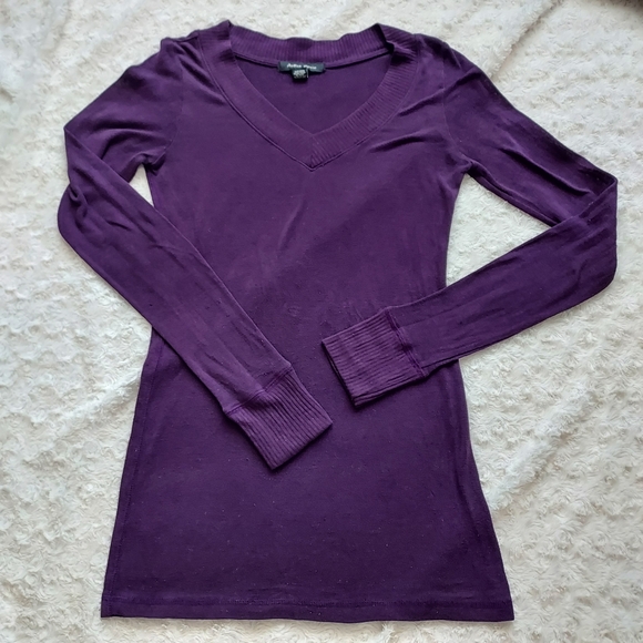 Active Basic Tops - Active Basic Deep Purple V-Neck Lightweight Knit Long Sleeve Longline Layering